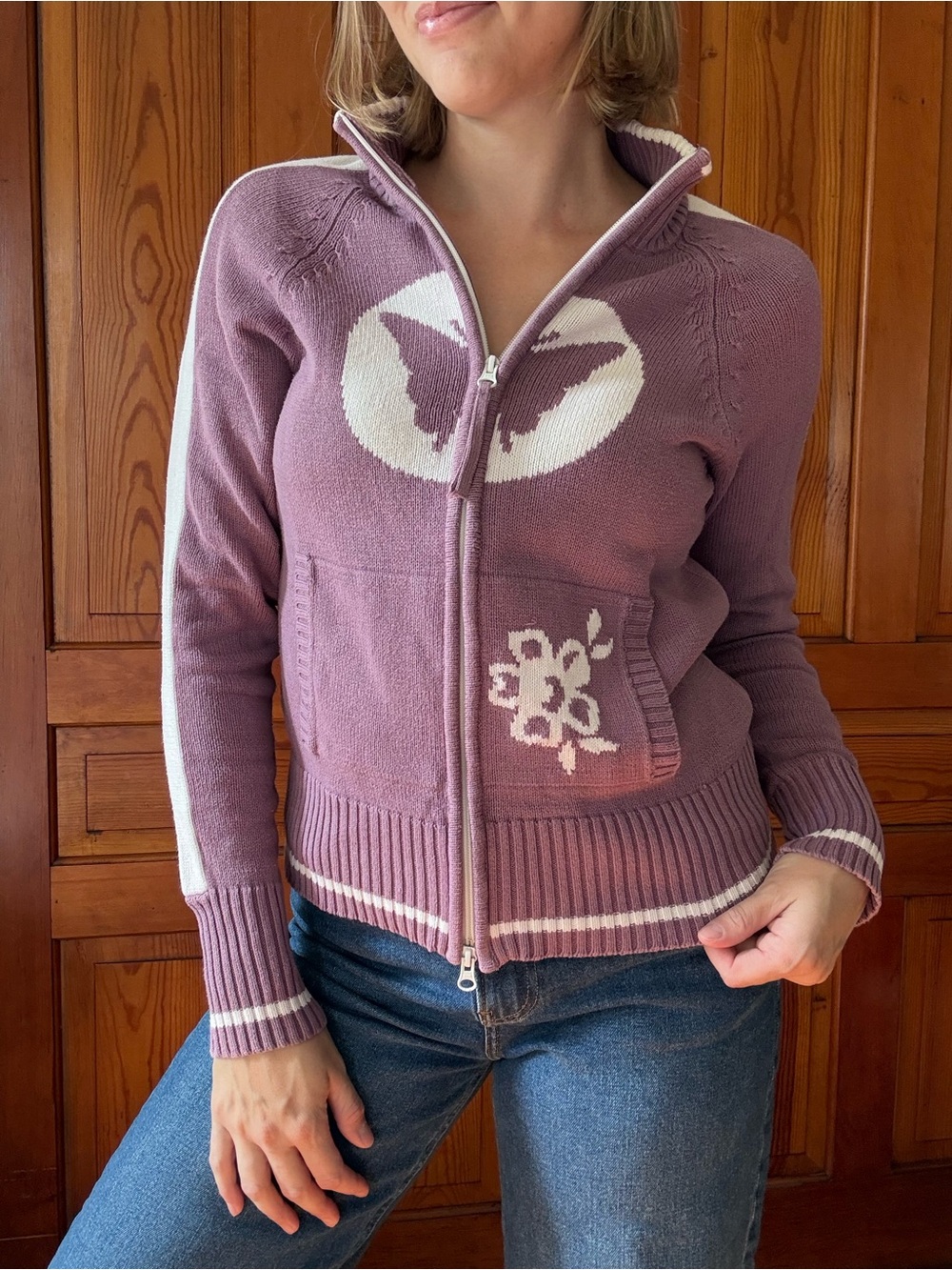 Athleta Lavender Zip-Up Sweater with Butterfly Motif